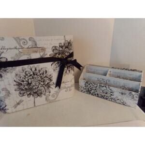 BLACK TOILE/WHITE FRENCH STYLE TIM COFFEY FILE HOLDER W/TRASH CAN SET FLORAL DES